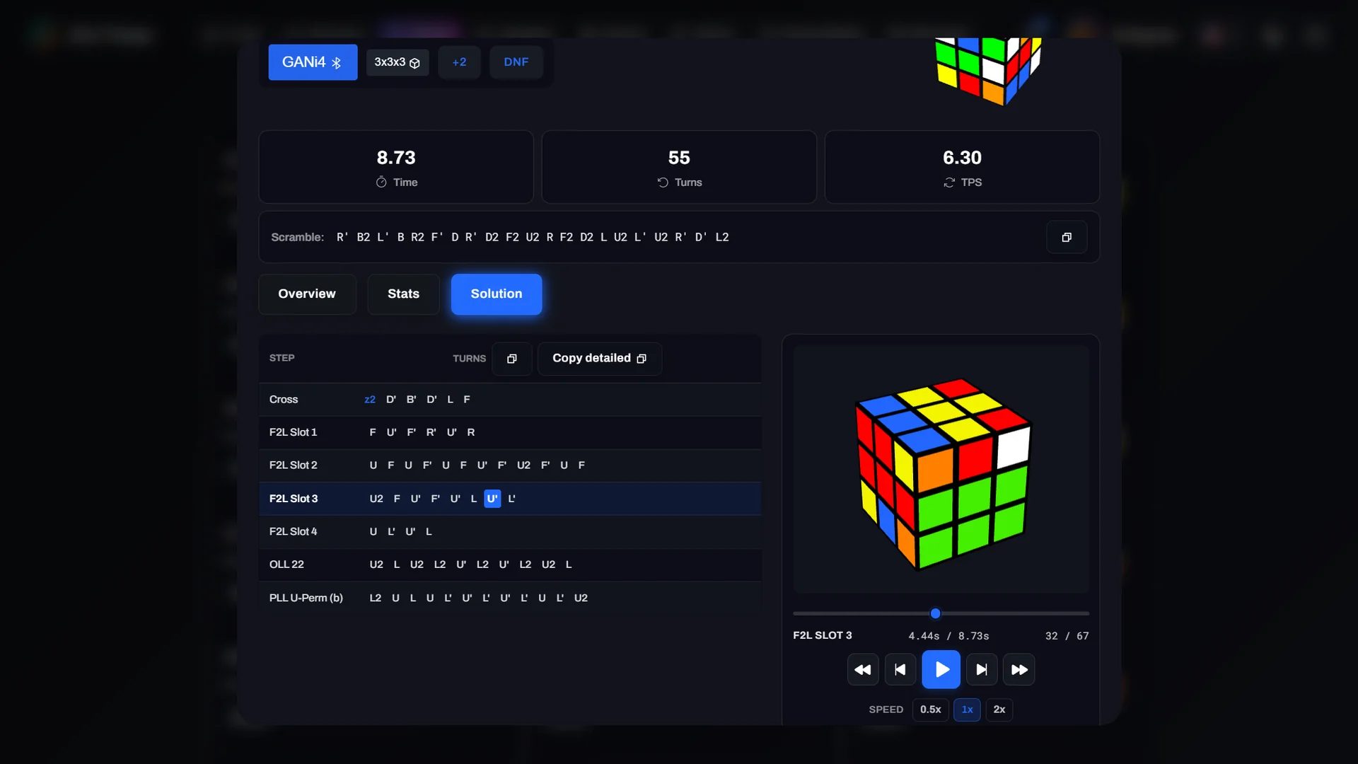 Replay of an 8.73 solve on a GAN i4: 55 turns at 6.30 turns per second